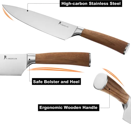 Miniatura 5 de kangdelun Ultra Sharp - Juego de cuchillos de chef de 4 piezas, acero inoxidable de alto carbono, asas de madera de fresno marrón torreficado, caja