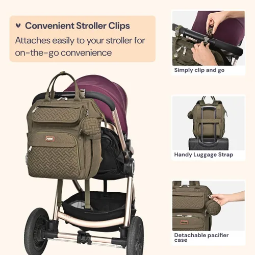 Miniatura 6 de BabbleRoo Mochila para pañales, bolsa cambiadora de pañales multifunción con cambiador, correas para cochecito y funda para chupete, mochila