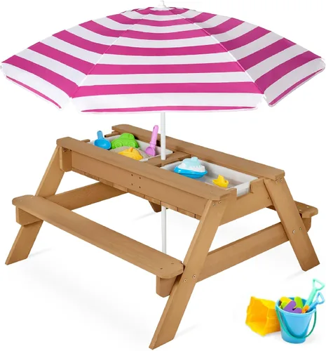 Miniatura 10 de Best Choice Products Mesa de arena y agua 3 en 1 para niños, mesa de picnic convertible de madera para exteriores con paraguas, 2 bandejas, parte