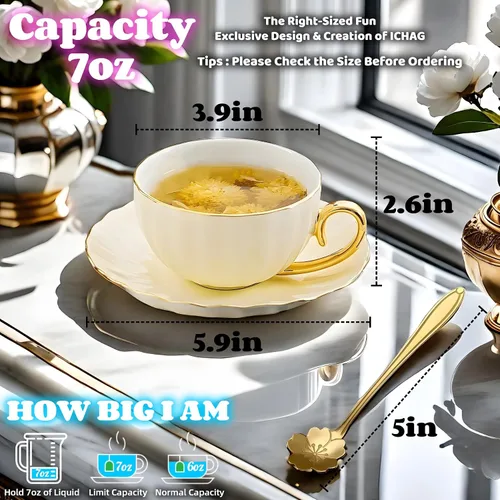 Miniatura 4 de ICHAG Juego de taza y platillo de porcelana de hueso de 18 piezas, tazas de café de calabaza de 7.7 onzas con ribete dorado y cucharas, tazas