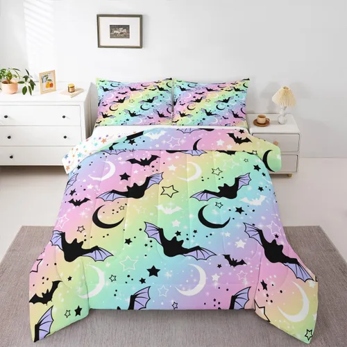 Erosebridal Juego de edredón de murciélago tamaño Queen para niños y niñas, juego de ropa de cama con degradado de arco iris, juego de edredón Multi