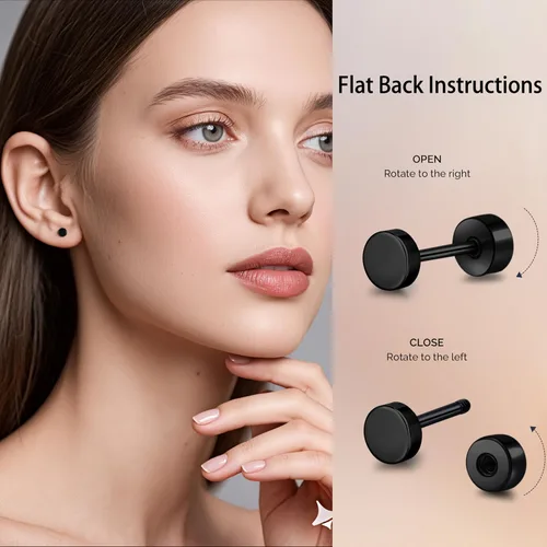 Miniatura 3 de Aretes de tuerca de titanio hipoalergénico con parte trasera plana, aretes de tuerca de 0.118 in a 0.197 in, aretes clásicos simples para cartílago
