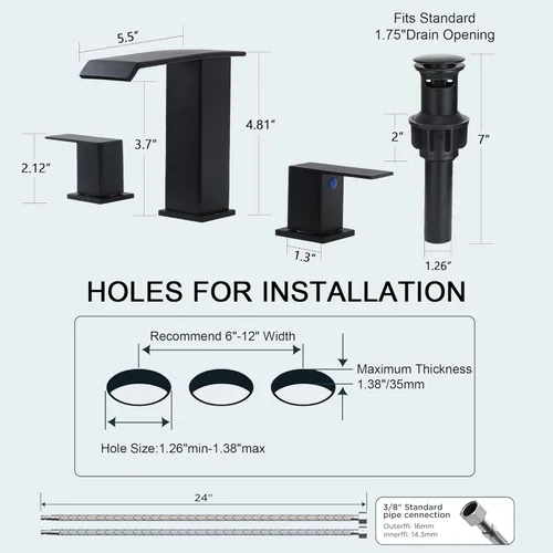 Miniatura 2 de COMLLEN Grifos de baño de 3 agujeros, grifo de baño de cascada negro mate de 3 agujeros, 8 pulgadas extendido moderno grifo de lavabo de baño, grifo