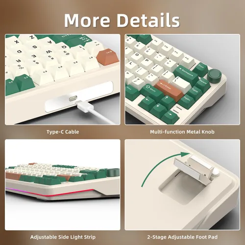 Miniatura 5 de 75% Teclado mecánico retro verde con cable intercambiable en caliente con perilla de metal Junta de montaje RGB retroiluminado programable y luz