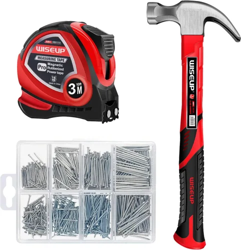 WISEUP Juego de 560 uñas de pared y acabado para colgar imágenes, juego de martillo pequeño de 8 onzas, cinta métrica de 10 pies, kit de