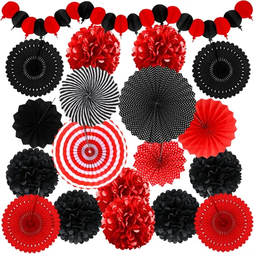Miniatura 11 de Decoraciones negras y doradas, abanicos de pompones de papel para graduación, cumpleaños, boda, graduación, noche, Año Nuevo, decoraciones de fiesta