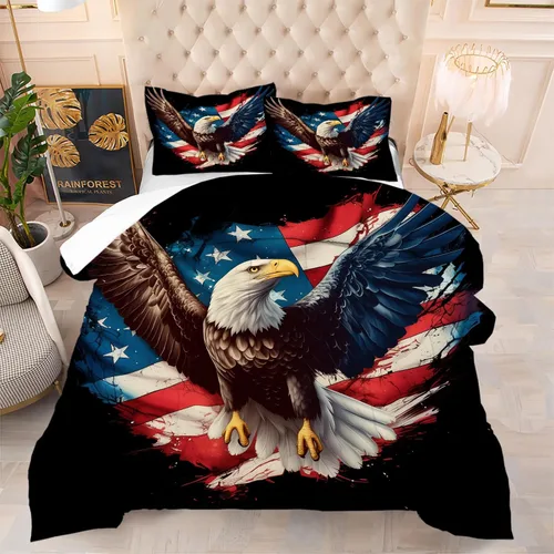 Miniatura 20 de kxry Juego de edredón de 250 años de Estados Unidos, tamaño individual, ropa de cama vintage de estatua de la libertad y bandera estadounidense