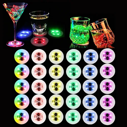 30 Pack LED Light Up Coaster, Colorful LED Bottle Cup Lights for Liquor Bottles Light Sticker Drink Coasters for Bar Club Party Wedding Decor