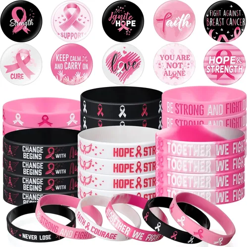 Miniatura 8 de 60 accesorios de concientización sobre el cáncer de mama, incluyen 30 pulseras de silicona de cinta rosa y negra, pulsera de goma y 30 insignias