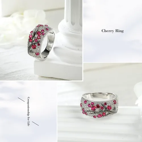 Miniatura 4 de RANDES Anillo de plata de ley 925 para mujer, diseño de ramas de cerezo, creado en laboratorio, rubí y esmeralda