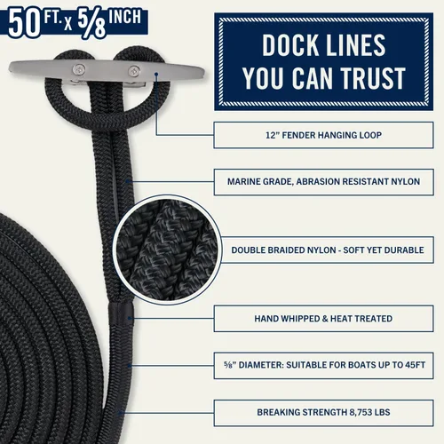 Miniatura 13 de RainierSupplyCo - Paquete de 2 cuerdas de barco para acoplamiento con bucle, cuerda marina de nailon doble trenzada de alta calidad de 15 pies x 1/2