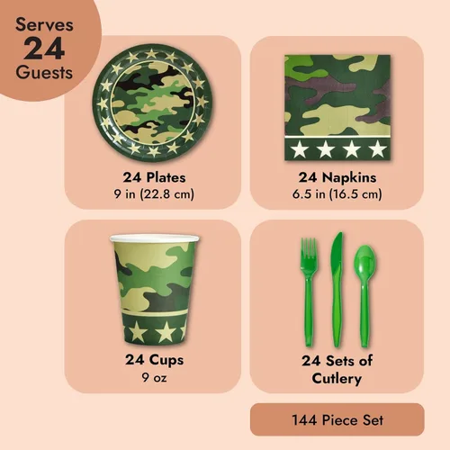Miniatura 4 de Decoraciones de fiesta de camuflaje de 144 piezas para cumpleaños con temática del ejército, baby shower, fiesta de bienvenida a casa, sirve 24