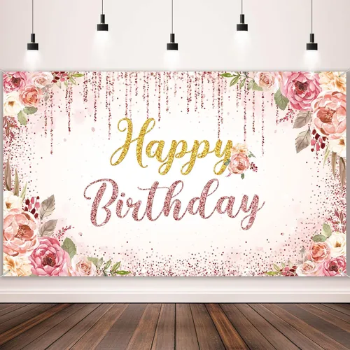 Miniatura 9 de Decoraciones de fondo de feliz cumpleaños para mujeres, suministros de fiesta, telón de fondo de rosa, fotografía para niñas y niños, pancarta