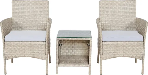 Miniatura 10 de BTEXPERT Juego de 3 piezas de mimbre al aire libre, juego de bistró para jardín, patio, porche, muebles de ratán PE para ahorrar espacio, 2 sillas