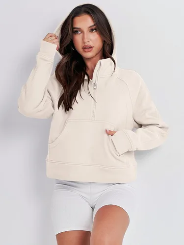 Miniatura 9 de ANRABESS Sudaderas con capucha corta con media cremallera para mujer, sudadera de forro polar con cremallera de un cuarto, ropa de invierno 2023