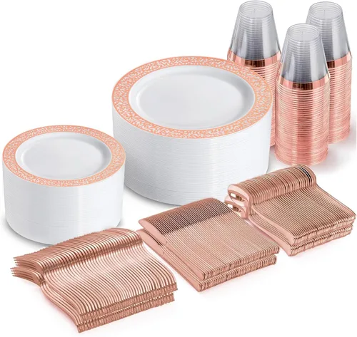 Miniatura 24 de GATHER 350 platos de plástico dorados. El juego de vajilla de plástico desechable blanco y dorado incluye 50 platos llanos, 50 platos de postre, 150
