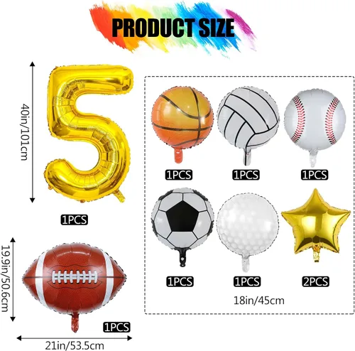 Miniatura 2 de 9 globos deportivos, fútbol, baloncesto, béisbol, voleibol, golf y fútbol, globo de aluminio de Mylar con número de cumpleaños deportivo