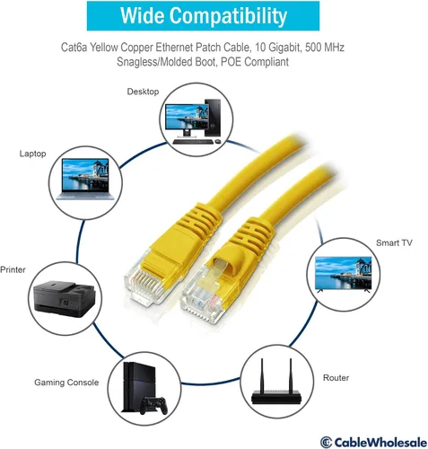 Miniatura 5 de CableWholesale Cable de conexión Ethernet Cat6a amarillo de 50 pies, sin enganches/arranque con conector RJ45, 500 MHz, 24 AWG, UTP