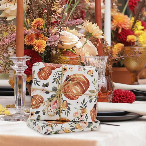 Miniatura 7 de Whaline 100 piezas de papel de seda de otoño con estampado floral de calabaza, papel de regalo de flores vintage para cosecha de otoño, Acción