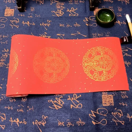 Miniatura 2 de KYMY Rollo de papel Xuan rojo chino, Festival de Primavera Asiático Caligrafía en Blanco Papel de Arroz - 6.7 in x 65.6 ft, doble puerta de pez