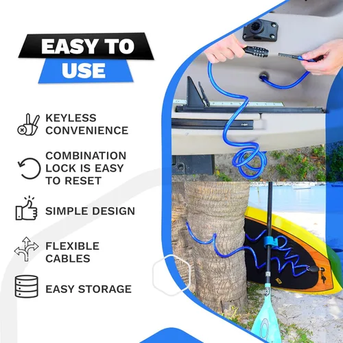 Miniatura 5 de DocksLocks Candado de cable de seguridad en espiral resistente a la intemperie (5 pies a 25 pies de longitud) con combinación reiniciable