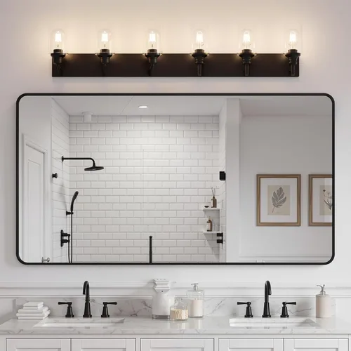Miniatura 8 de 6 luces de tocador de baño, níquel cepillado, accesorios de iluminación de baño sobre espejo con vidrio transparente, aplique de pared industrial