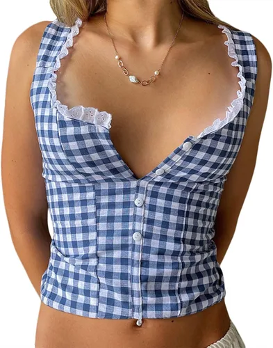 Camiseta sin mangas Y2K para mujer, con tirantes delgados, ribete de encaje, a cuadros, floral, sin mangas, ombliguera estética de hadas