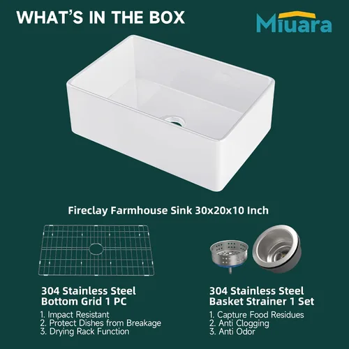 Miniatura 6 de Miuara Fregadero de Granja 30 Pulgadas - Fregadero de Cocina Delantal Blanco Montado Inferior Reversible 30"x20"x10", Estilo Casa de Granja Tazón