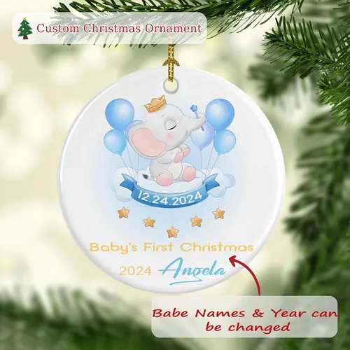 Miniatura 2 de Adornos personalizados para la primera Navidad del bebé 2024 con nombre y texto, adorno de elefante personalizado para bebés recién nacidos