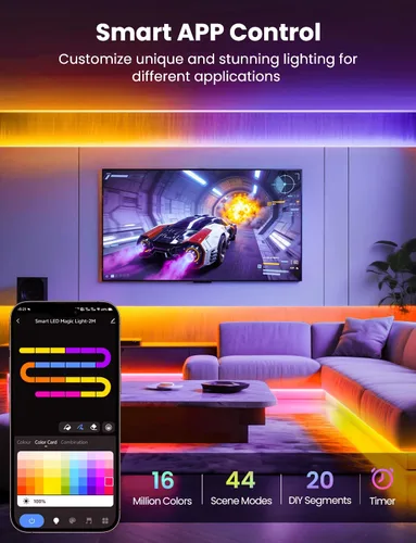 Miniatura 3 de Tira de luz LED RGB+IC, luz LED inteligente de 32.8 pies para dormitorio, control de aplicación Bluetooth, tira de iluminación LED que cambia