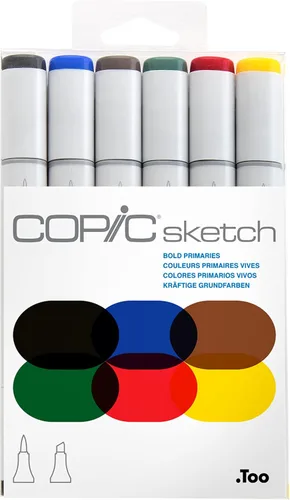 Marcadores de Alcohol Copic Sketch, Juego de Marcadores de Arte de Doble Punta de 6 Colores – Puntas de Pincel Mezclables para Dibujar, Hacer