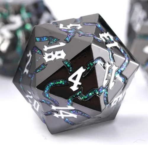 Miniatura 12 de Dados de metal para DND – Ruinas de faraón oro oscuro con grietas moradas – Juego de dados poliédricos para D&D, RPG y más – Bellamente detallados