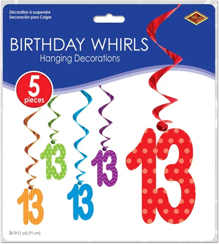 Miniatura 4 de Beistle Remolinos del número "13" – Paquete de 5 coloridas decoraciones colgantes en espiral con recortes de doble cara número trece para fiestas