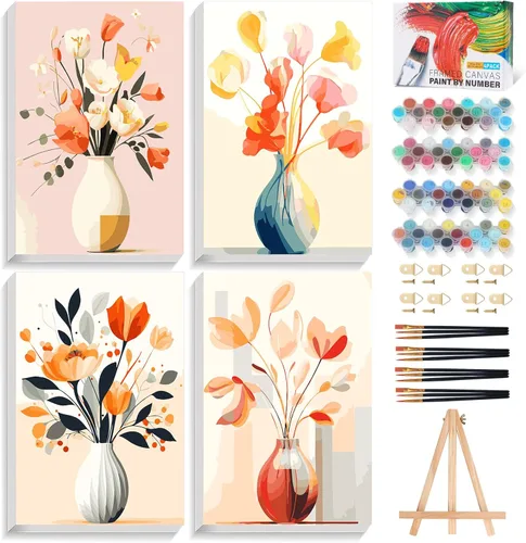 Miniatura 15 de Offito Paquete de 4 pinturas enmarcadas por números para adultos principiantes con caballete de madera, kit de pintura fácil de paisaje por números