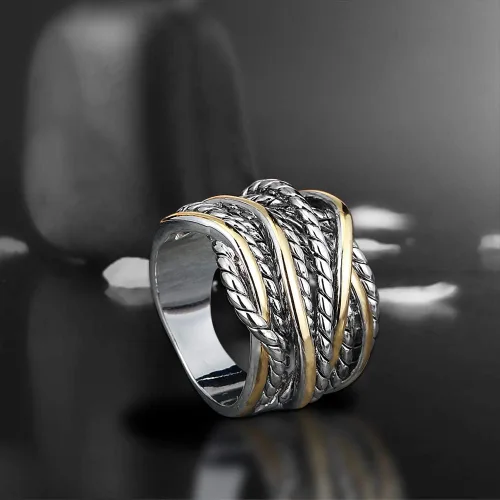 Miniatura 6 de Mytys - Anillos de banda ancha trenzados, anillo de cuerda torcida, anillos de declaración trenzados de dos tonos de metal mixto, joyería de moda
