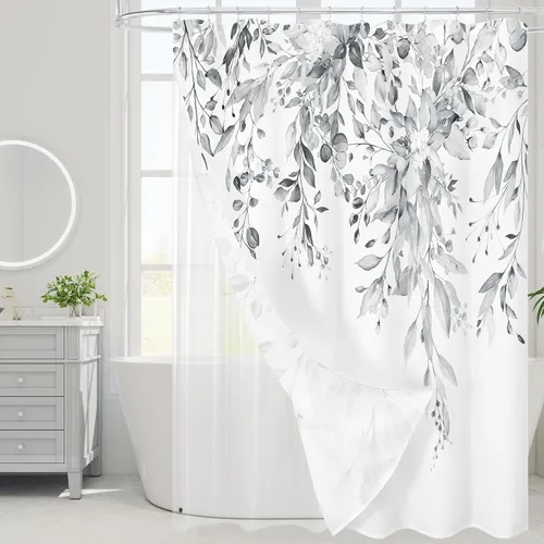 Miniatura 25 de Gibelle - Cortina de ducha de eucalipto marrón, hojas de plantas de acuarela con diseño floral, juego de cortina de ducha con ganchos, 72 x 72