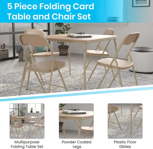 Miniatura 6 de HBCY Creations Juego de mesa y silla plegables comerciales de 5 piezas, mesa de vinilo color tostado, marcos de metal color tostado, asientos para 4