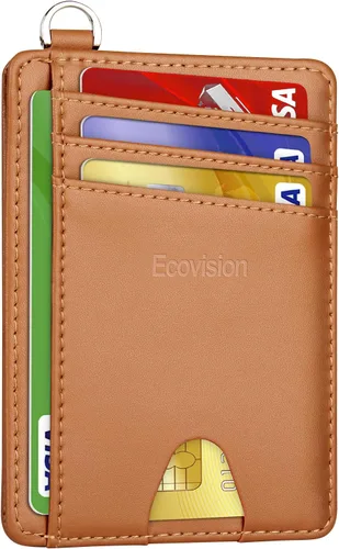 EcoVision Cartera delgada minimalista con bolsillo frontal, bloqueo RFID, tarjetero con grillete en D desmontable para hombres y mujeres, Piel de