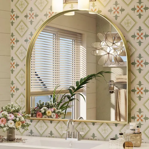 Miniatura 29 de Brightify - Espejo arqueado dorado de 24 x 32 pulgadas, espejo de pared con marco de metal de latón para baño, espejo arqueado superior para tocador