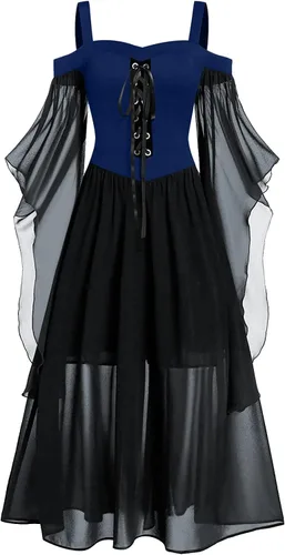 Miniatura 13 de Vestido gótico renacentista para mujer, disfraz de Halloween, hombros descubiertos, encaje y manga de trompeta, vestido medieval steampunk