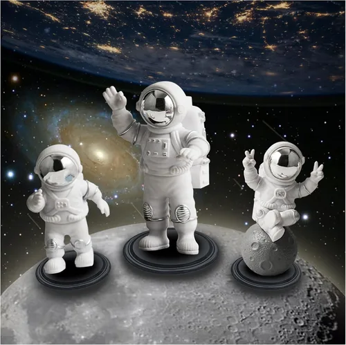 Miniatura 8 de Juego de 4 piezas de decoración de estatua de astronauta, adorno de figura de astronauta de poliresina azul, 3 piezas de espejo y 1 llavero