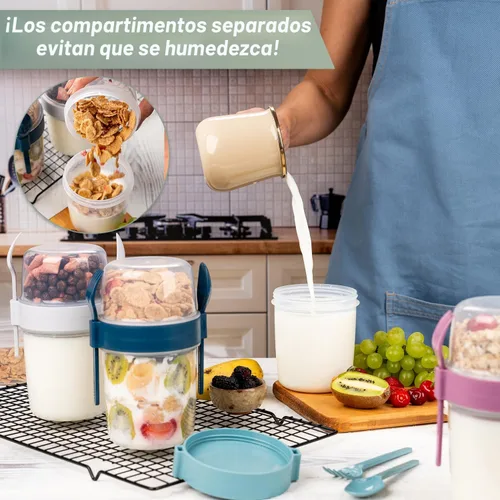 Miniatura 2 de Paquete de 4 Tazas de Desayuno Para Llevar de 22 oz con Tapas y Cuchara, Taza de Cereal y Yogur Reutilizable con Topping, Recipiente de Plástico