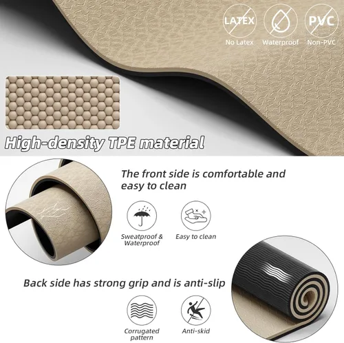 Miniatura 3 de Esterilla de yoga grande de 76" x 40" x 10 mm (2/5 pulgadas) – Extra gruesa y ancha, esterilla de fitness de TPE, esterilla de ejercicios Beige/Negro