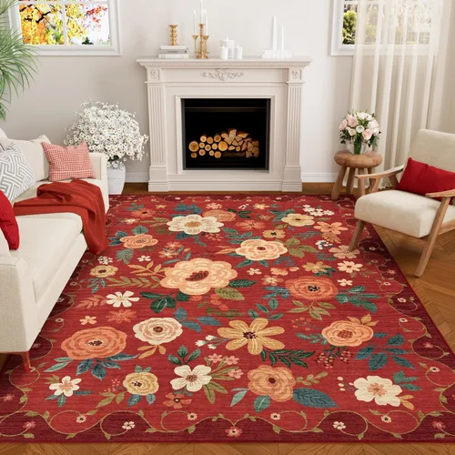Miniatura 19 de DUKINO Alfombra de área de 6 x 9 pies, alfombra floral para sala de estar, ligera, antideslizante, lavable, alfombra de interior de pelo bajo