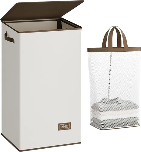 SOLEDI Cesta de ropa con tapa, 100 L XL, cesta grande para la ropa sucia con bolsa removible, cestas de lavandería plegables, almacenamiento
