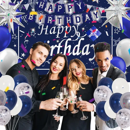Miniatura 2 de Decoraciones de cumpleaños azul marino para hombres, niños, mujeres y niñas, 80 piezas de decoraciones de fiesta azules y plateadas, telón de fondo