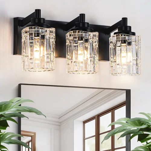 Accesorios de iluminación de baño, lámpara de tocador de baño de 3 luces color negro, apliques de pared modernos con pantalla de vidrio