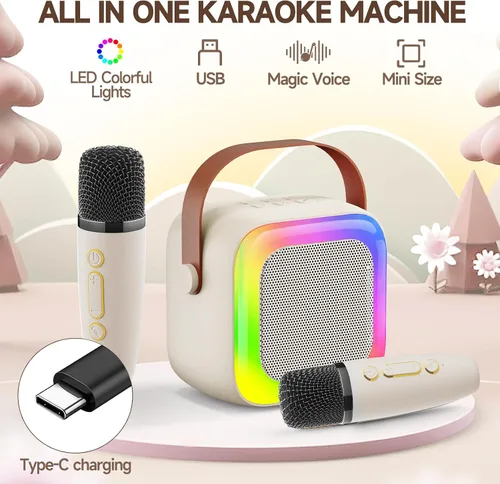 Miniatura 3 de Mini máquina de karaoke para niños, adolescentes y adultos, máquina de karaoke para niños con 2 micrófonos inalámbricos y luces LED, juguetes