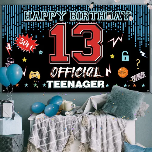 Miniatura 5 de Cartel oficial de telón de fondo para puerta de cumpleaños de 13 años, decoraciones de feliz cumpleaños para niños y niñas, rojo y azul de 13 años