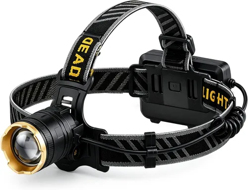 Miniatura 9 de Linterna frontal LED recargable, 2000 lúmenes, ajustable a 90°, impermeable IP68, 5 modos de luz con sensor, zoom, cable de carga USB y clips